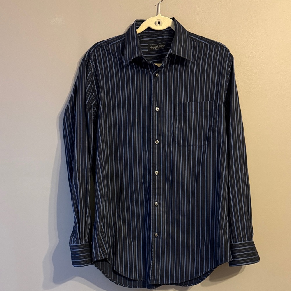 Kenneth Roberts Platinum Shirt Black/Blue Striped Long Sleeve. Size Medium